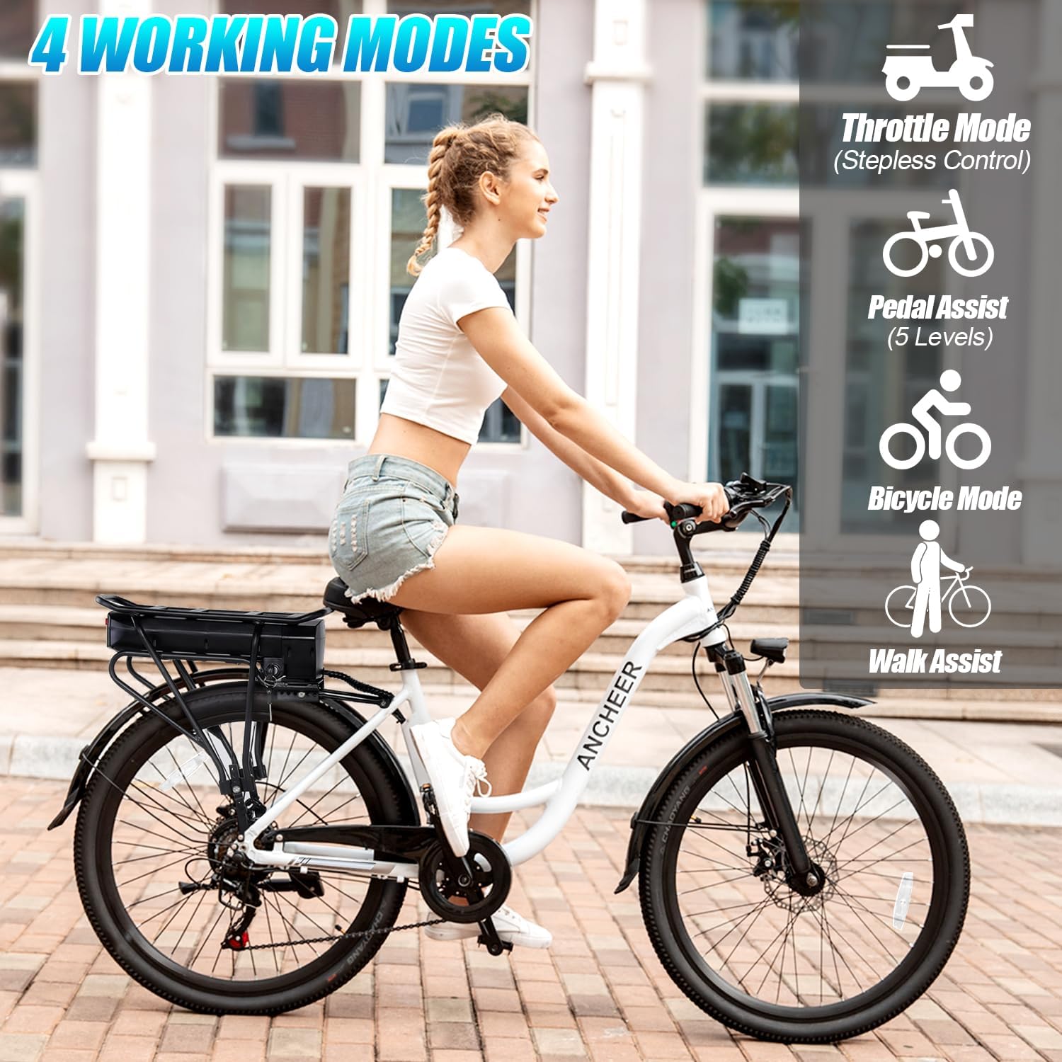 ANCHEER Electric Bike for Adults, 48V 500Wh White EBike + Basket, UP to 60 Miles, Removable Battery, 3H Fast-Charge, 26" Commuter Electric Bicycles, 7-Speed, LCD Digital Display, Suspension Fork