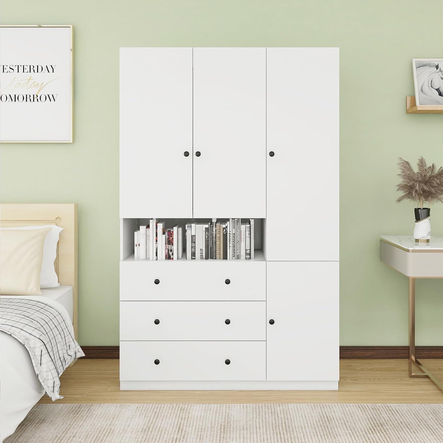 70.87" 3-Door Armoire Wardrobe Closet Cabinet, Wood 3 Drawers White Closet Cabinet for Large Capacity, Tall Cabinet Closet with Hanging Rod and 3 Storage for 47.24" W x 20.47"D x 70.87"H