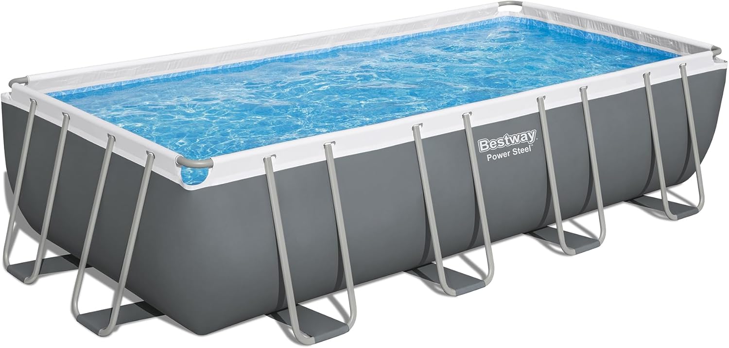 Bestway Power Steel 18' x 9' x 48" Rectangular Above Ground Swimming Pool Set Metal Frame Family Pool with Sand Filter Pump, Skimmer, and Vacuum,White
