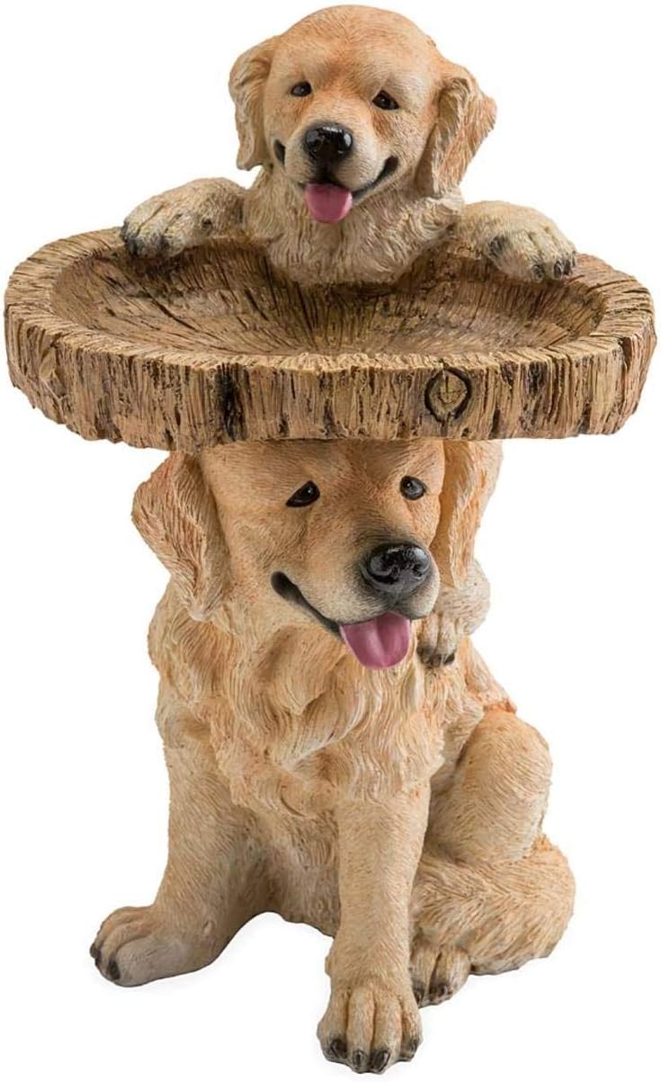Plow & Hearth Two Playful Golden Retriever Puppies Resin Birdbath Hand-Painted All-Weather Wood-Look Resin Landscape and Garden Accent, 13¼ Dia. x 22 H
