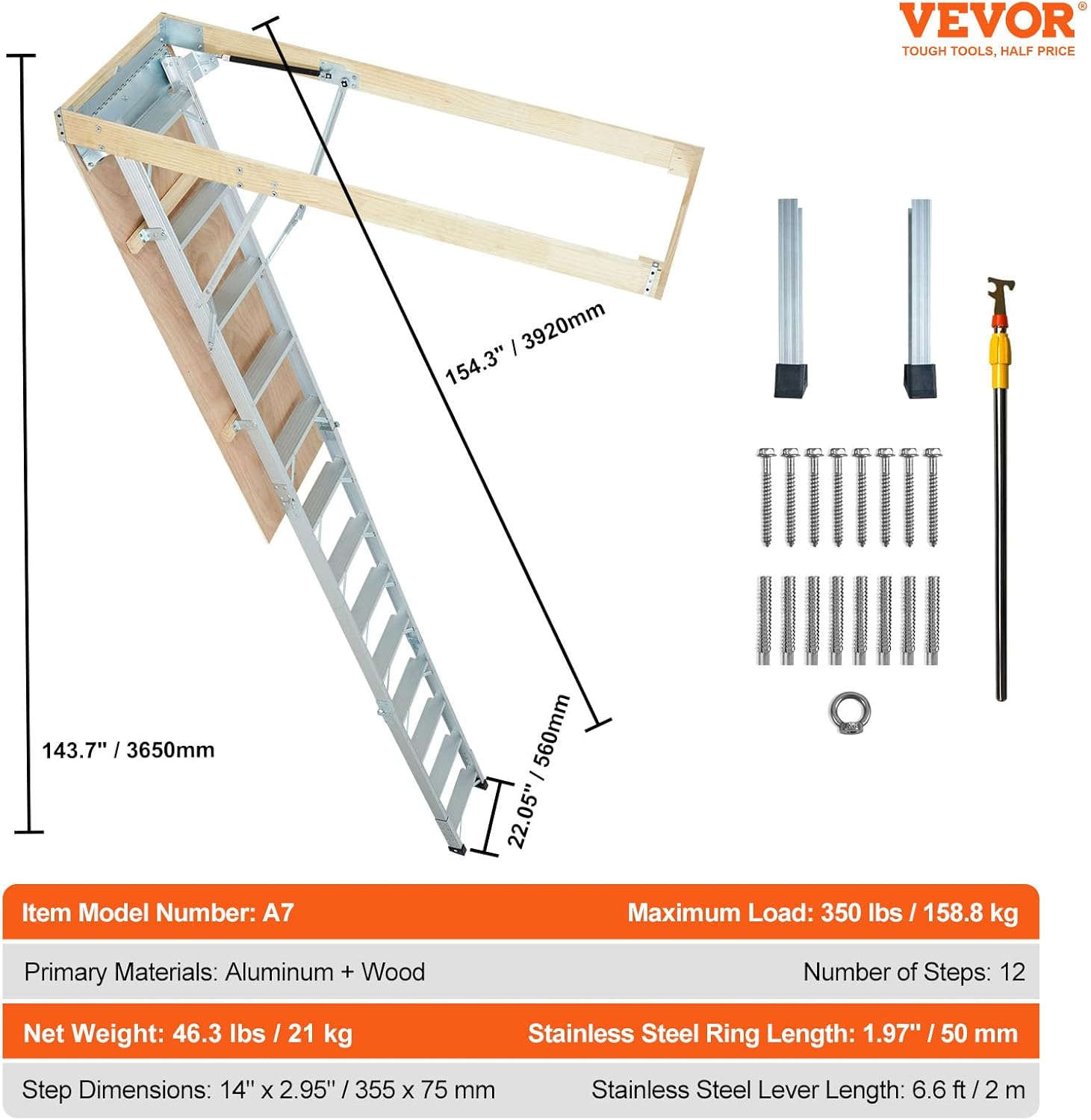 VEVOR Attic Ladder Foldable, 350-pound Capacity, 22.5" x 63", Multi-Purpose Aluminium Extension, Lightweight and Portable, Fits 9.5'-12' Ceiling Heights, Convenient Access to Your Attic Standard