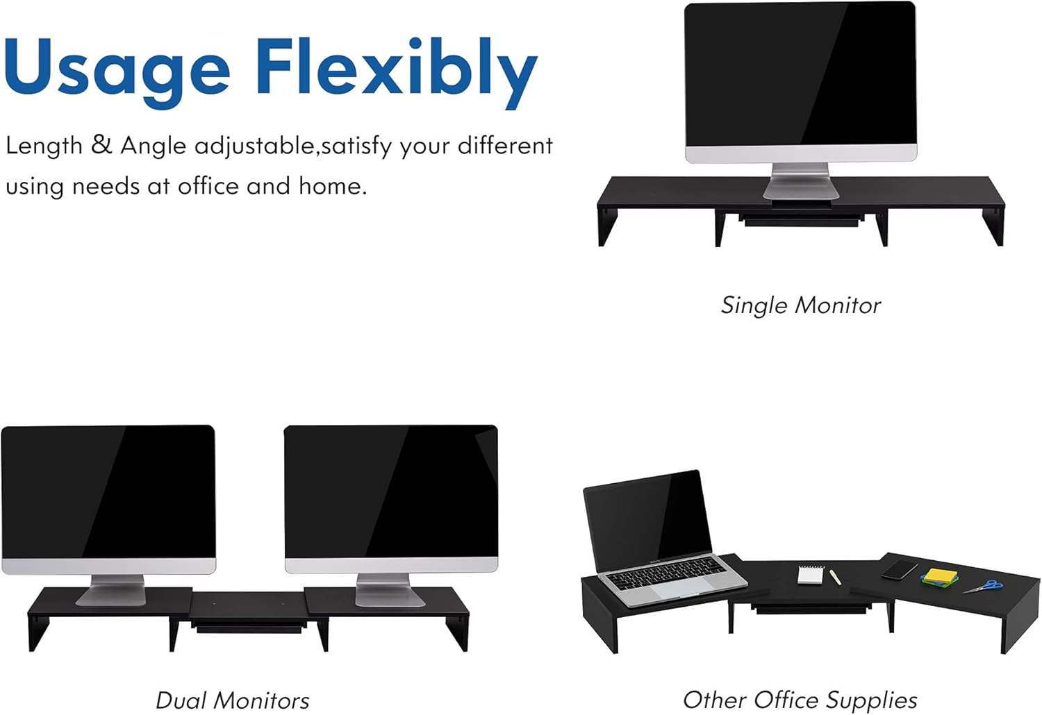 FITUEYES Dual Monitor Stand &ndash; 3 Shelf Computer Monitor Riser, Wood Desktop Stand with Adjustable Length and Angle, Desk Accessories, Office Supplies Medium Black, with Storage Drawer