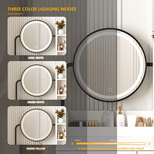 Makeup Vanity Desk with Round Mirror and Lights, White Vanity Makeup Table with Hair Dryer Rack, Small Vanity Table for Bedroom with Lots Storage (Brown and Black, 15.75 * 31.5 * 53.6in)