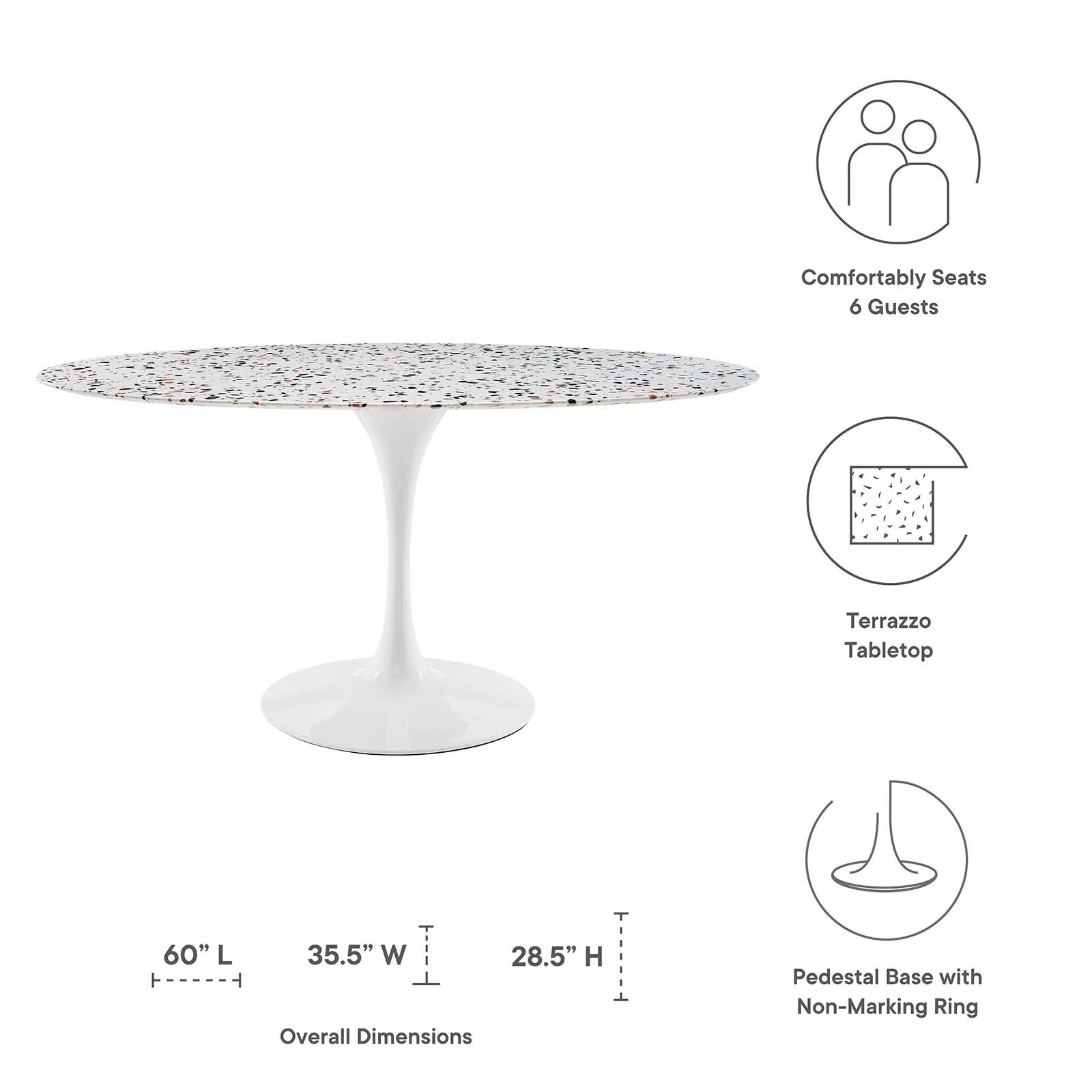 60 inch Dining Table, Oval, White, Wood, Metal Steel, Modern Contemporary Mid-Century, Kitchen Room Cafe Bistro Restaurant Hospitality