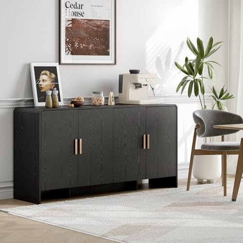 60" Sideboard Buffet Cabinet with Storage, Curved Design Farmhouse Coffee Bar Cabinet with 4 Doors & Adjustable Shelves for Living Room, Kitchen, Hallway, Walnut