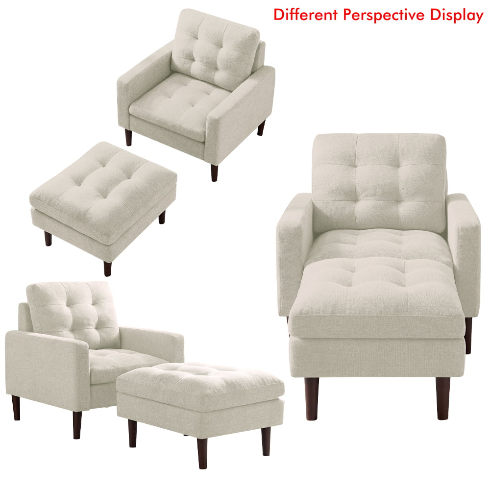Accent Chair with Ottoman, Modern Fabric Single Sofa Chair, Upholstered Accent Arm Chair with Solid Wood Legs, Accent Chair for Home Office Living Room Bedroom, Beige