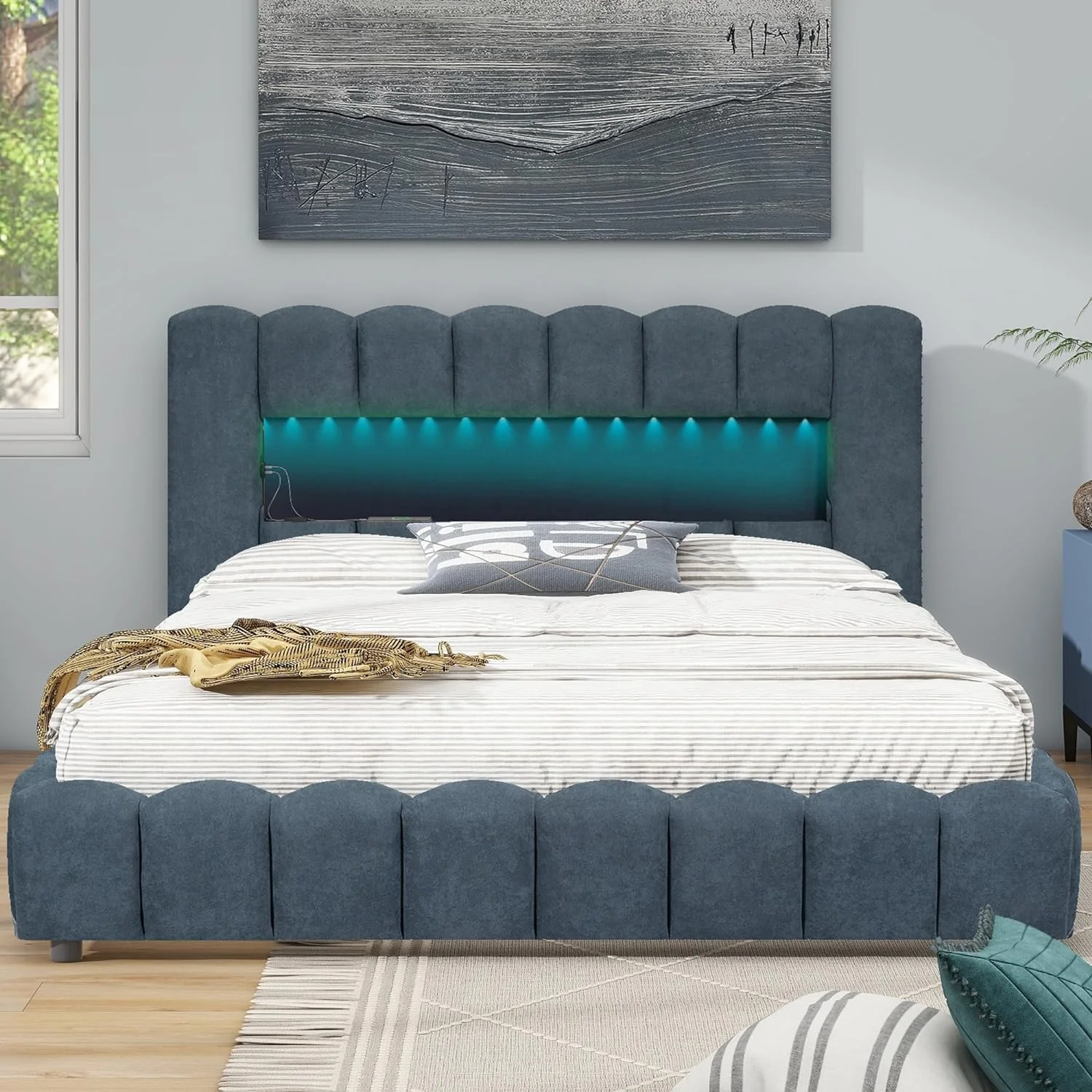 Upholstered Queen Size Bed With Lift Up Storage, USB Ports And LED Headboard, Linen Queen Platform Bed With Slats Support, No Box Spring Needed, Easy Assembly, Deep Blue