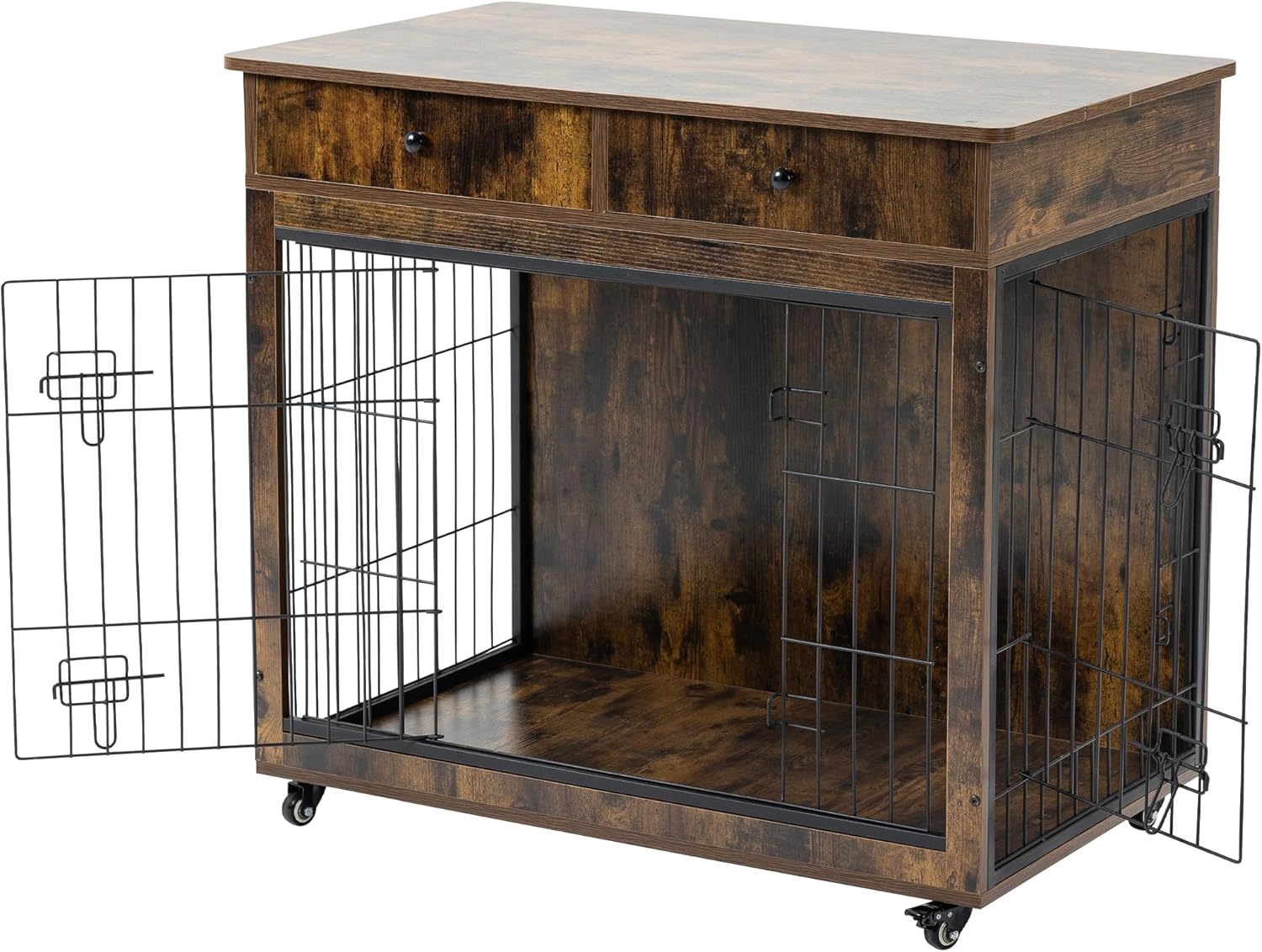 Yehha Cabinet Crate Furniture with Storage Drawer-Wheels, Wooden Kennel with 2 Doors, Steel-Tube Frame & Waterproof Table Top, Ider for Medium Small Large Dog, Brown, Full