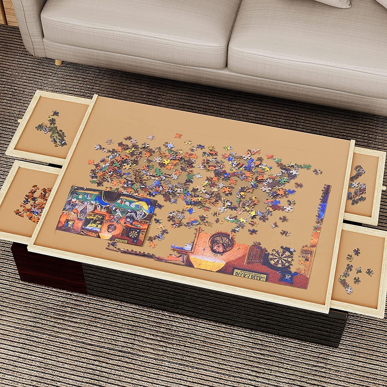 Lovinouse Upgraded 1000 Piece Wooden Puzzle Table with Holder, Jigsaw Puzzles Plateau Puzzle Board with Smooth Fiberboard Work Surface, 4 Sliding Drawers, Puzzle Storage for Teens Adults