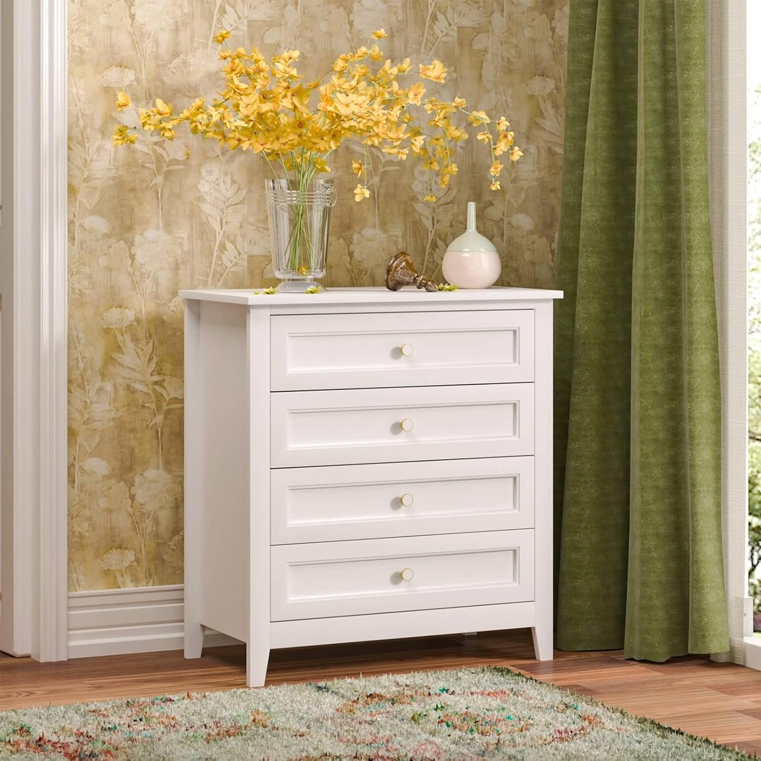 Drawer Dresser Bar, Solid Wood Spray-Painted Cabinet Lockers Buffet Server Console Table Lockers, Retro Round Handle, Applicable to The Dining Room, Living Room, Kitchen Corridor, White