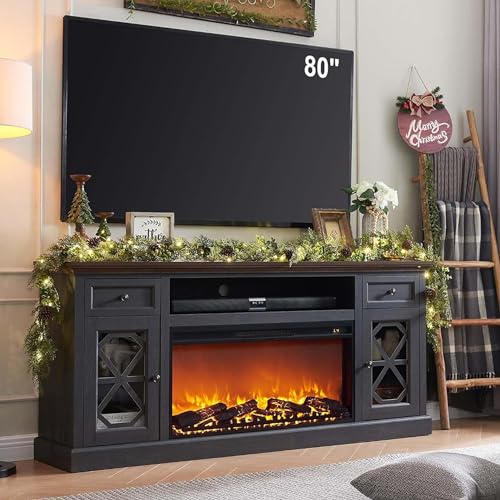 Farmhouse Fireplace TV Stand with 36" Electric Fireplace for 80 Inch TVs, 31" Tall Entertainment Center w/Drawer & Diamond Panel Door, Highboy Media Console for Living Room, 70inch, White