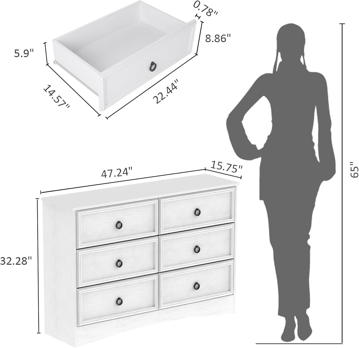 Modern 6 Drawer Dresser, Dressers for Bedroom, Large Chest of Drawers Closet Organizers and Storage Clothes - Easy Pull Handle, Textured Borders Living Room, Hallway, White