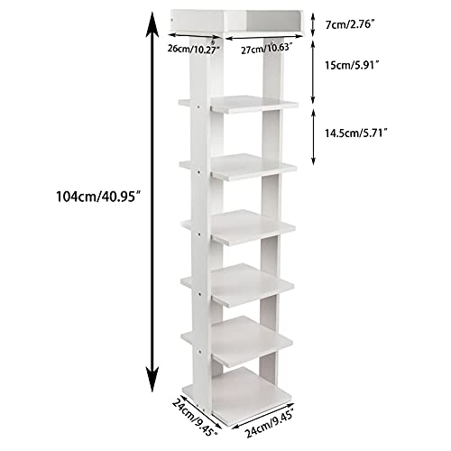 Wooden Shoe Rack, 7-Tier Small Shoe Rack for Entryway, Narrow Shoe Organizer Stand with Extra Top Storage, Multi-Function Storage Shelf for Bedroom Hallway and Closet, Space Saving (White)