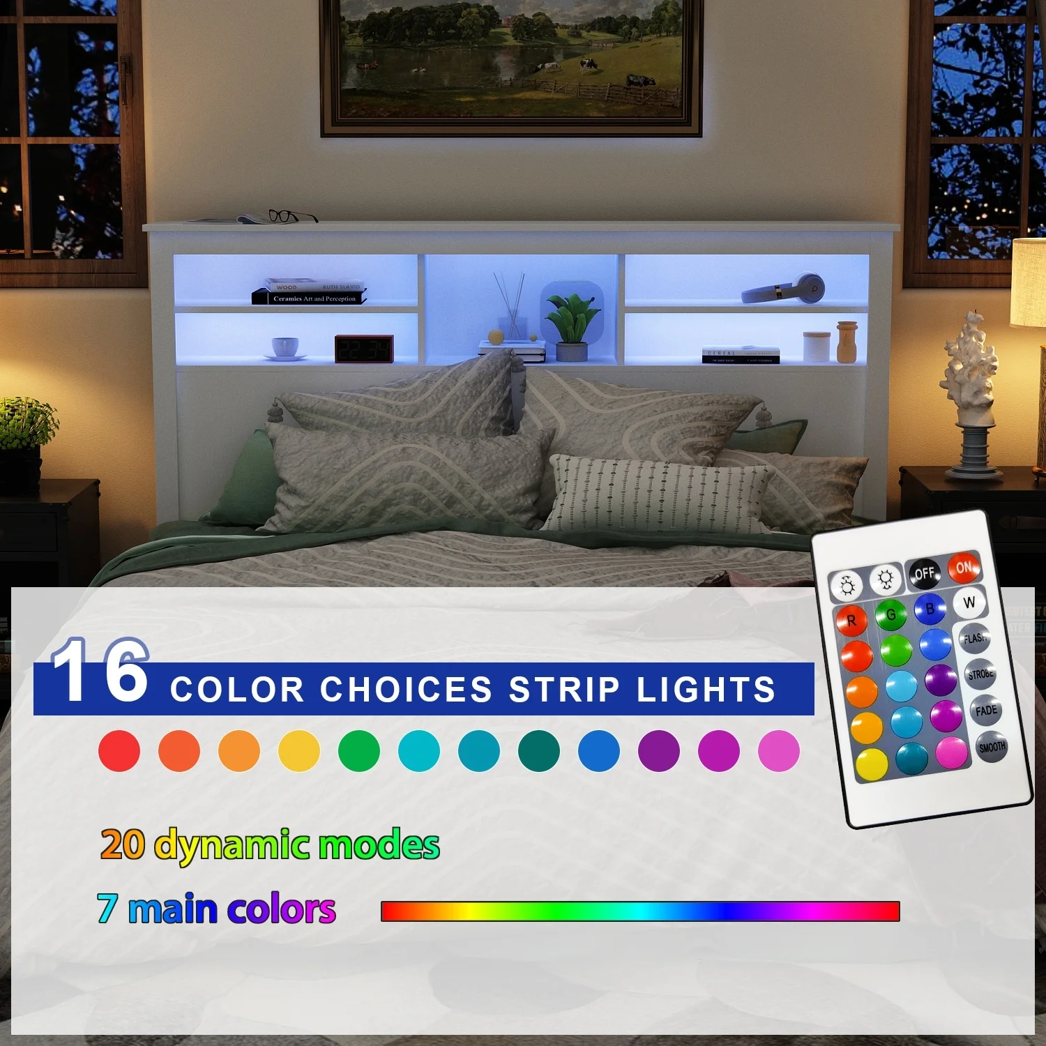 65"W Timechee Wooden Bookcase Headboard With Light No-Outlet