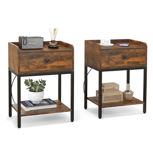 GOFLAME Nightstand with Charging Station, Narrow Bedside Table with Drawer, Open Shelf, 2 USB Ports, 2 AC Outlets, Side End Table with Metal Frame for Small Space, Living Room, Bedroom