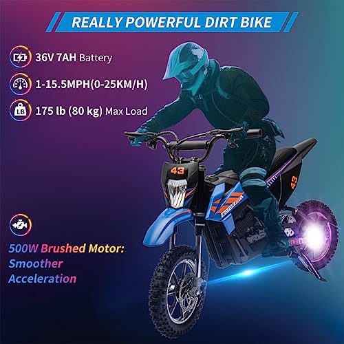 36V Electric Dirt Bike for Kids, Ride on Motorcycle 500W Brushed Motor Variable Speed to 15.5MPH with LED Headlight, Leather Seat,Chain-Driven for Teens Max Load 175lbs,Blue