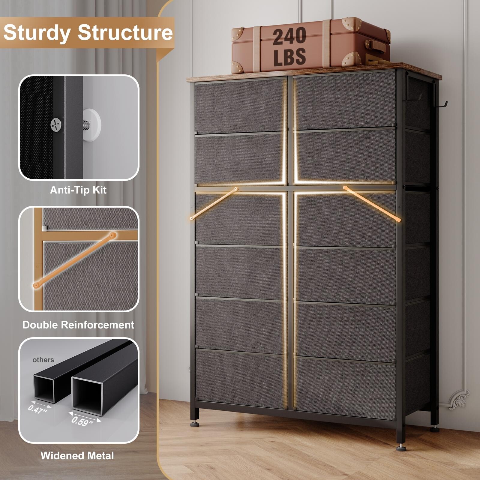 JINYUZHOU INC 12 Drawer Dresser Tall Fabric Chests of Drawers Closet for Bedroom Rustic Brown - 12-drawer
