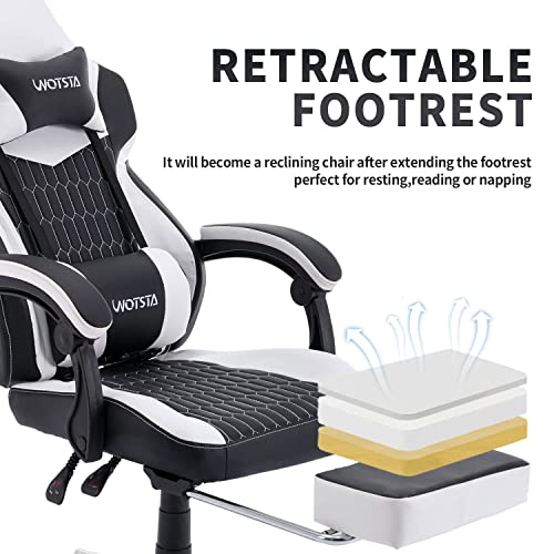 Gaming Chair with Footrest, High Back Gaming Chairs PVC Leather Ergonomic Office Gamer Chair Headrest Lumbar Support Racing Style Video Gaming Chair (Black White)