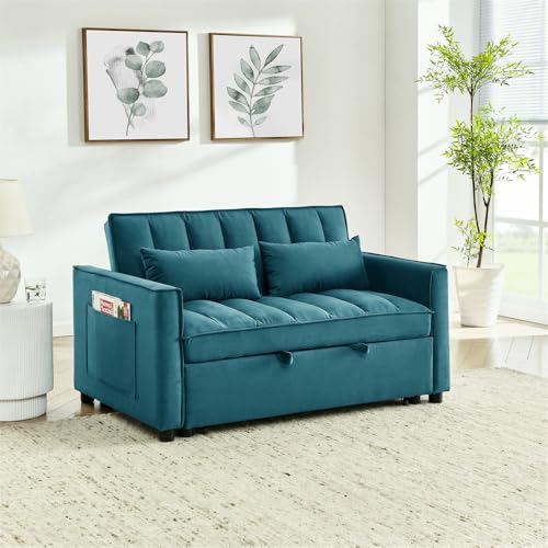 3-in-1 Convertible Sleeper Sofa Bed, Velvet Pull Out Loveseat Futon Sofa Couch with Adjustable Backrest and Pillows, Lounger Armchair Bed with Side Pockets for Living Room Bedroom (Black White)