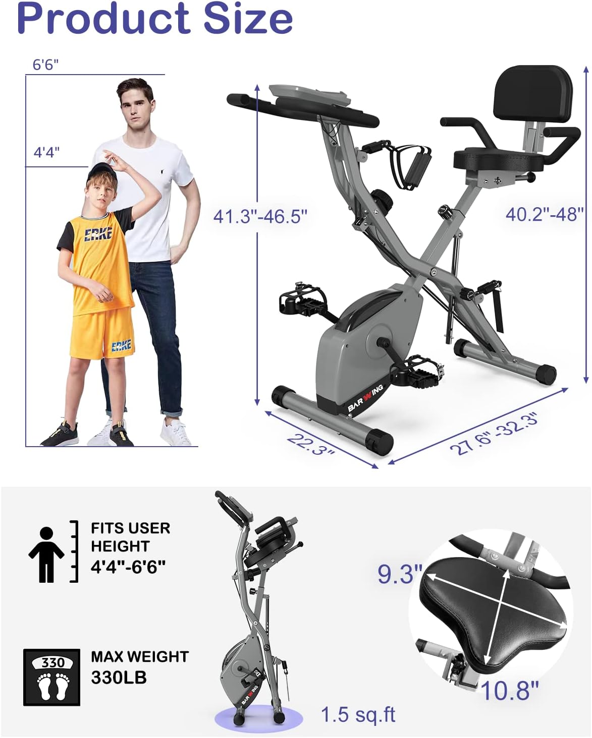 KURONO Stationary Exercise Bike for Home Workout |2023 Upgraded 4 IN 1 Foldable Indoor Cycling Bike for Seniors | 330LB Capacity, 16-Level Magnetic Resistance,Adjustments Cement Grey