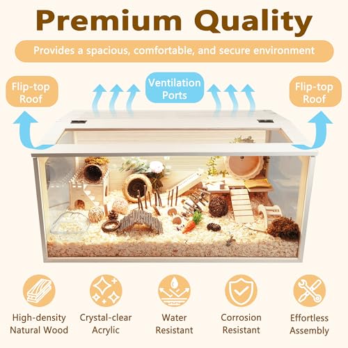 Hamster Cage Wooden Extra Large Mice and Rat Habitat Openable Top with Acrylic Sheets Solid Built Small Animal Cage (32 x 16 x 16 Inch)