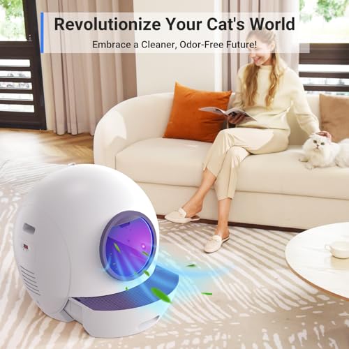 ELS PET Self Cleaning Litter Box for Multiple Cats with 2 Pack Litter, Automatic Cat Litter Box Self Cleaning 60L Large Box, Spaceship Self Cleaning Cat Litter Box App Control & Odor-Free White