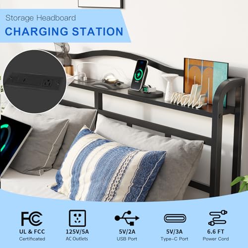 Full Bed Frame,Full Bed Frames with Headboard,Metal Bed Frame Full Size with Charging Station&Aurora Projector,Black Bed Frame No Box Spring Needed ,Extra Storage Space,Squeak Resistant,Easy Assembly
