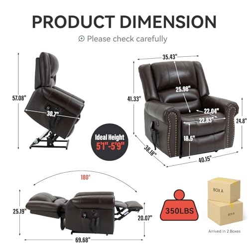 Dual Motor Power Lift Chair, Lay Flat Recliner Chair, Electric Recliner with Massage and Heat for Elderly, Remote Control, Infinite Position, Standing Assistance, USB Ports, Faux Leather, Brown