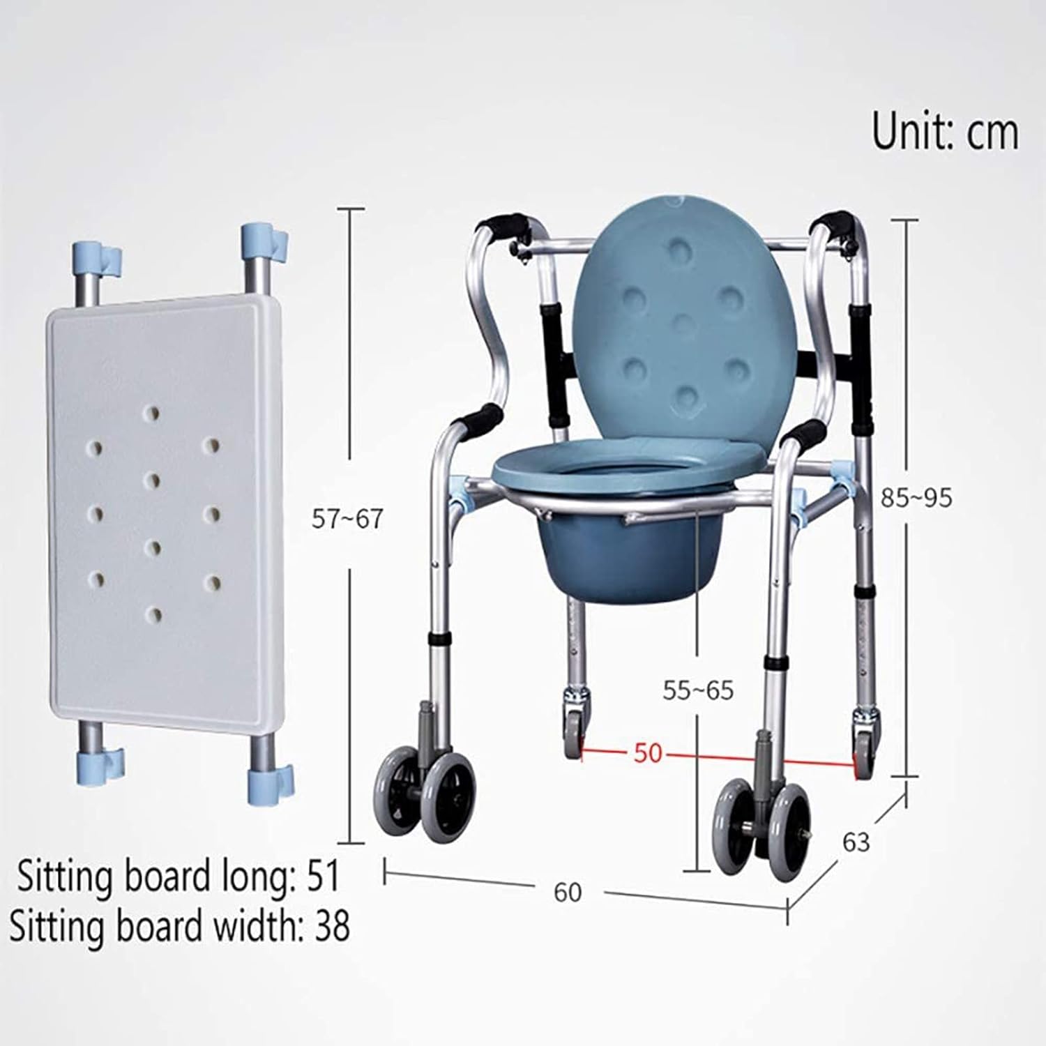 KOHARA Mobile Wheeled Commode Chair, Adjustable Height Mobile Commode Chair, WC Toilet Chair, Mobile Commode, Portable Bathroom Chair,Brakes
