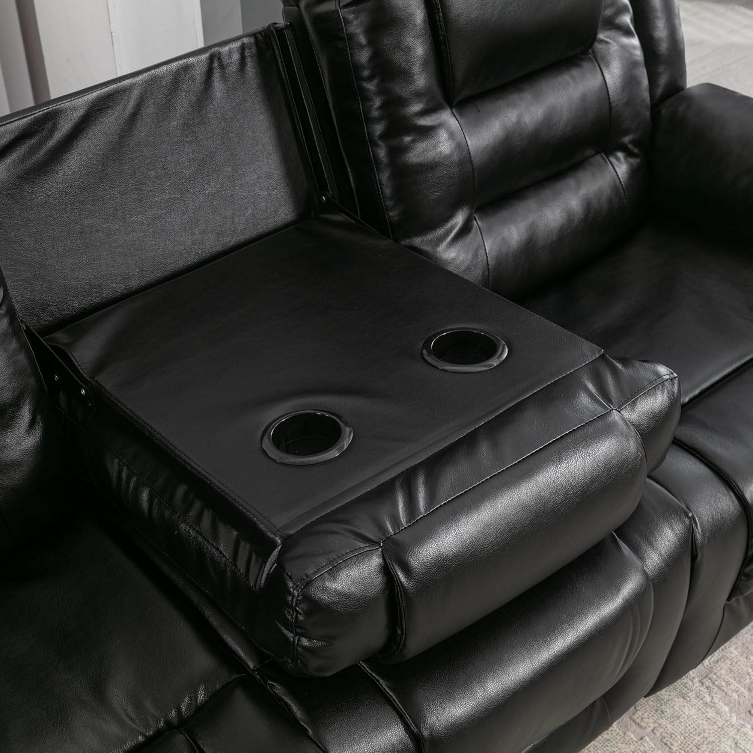 3 Seater Wall Hugger Manual Reclining Loveseat Couch, Faxu Leather Motion Sofa RV Chair Home Theater Lounge Seating with Center Console and Fold Down Table w/Cupholders for Living Room Office