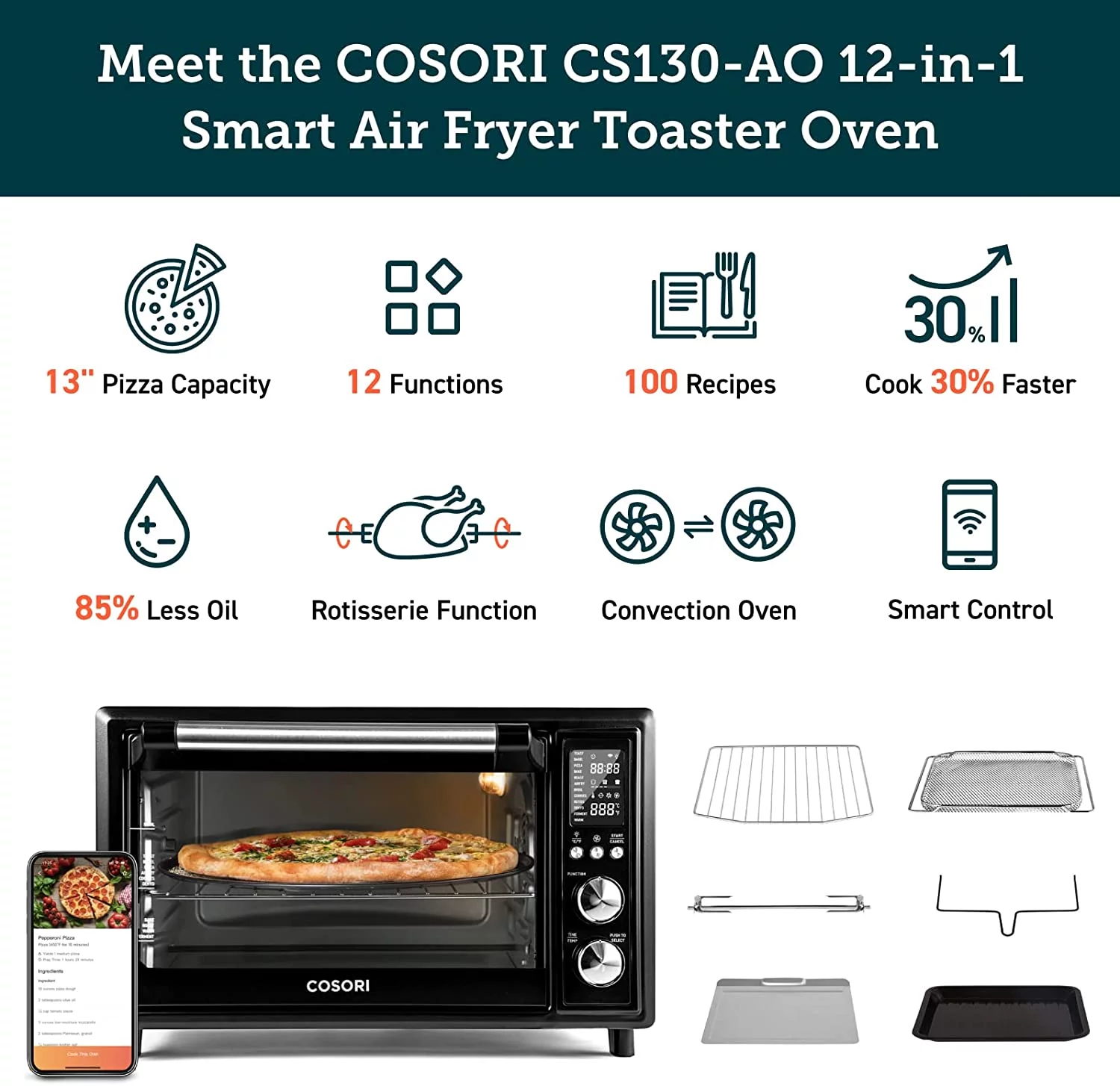 COSORI Smart New Air Fryer Toaster Oven, Large 32-Quart, Stainless Steel, Walmart Exclusive Bonus, Black