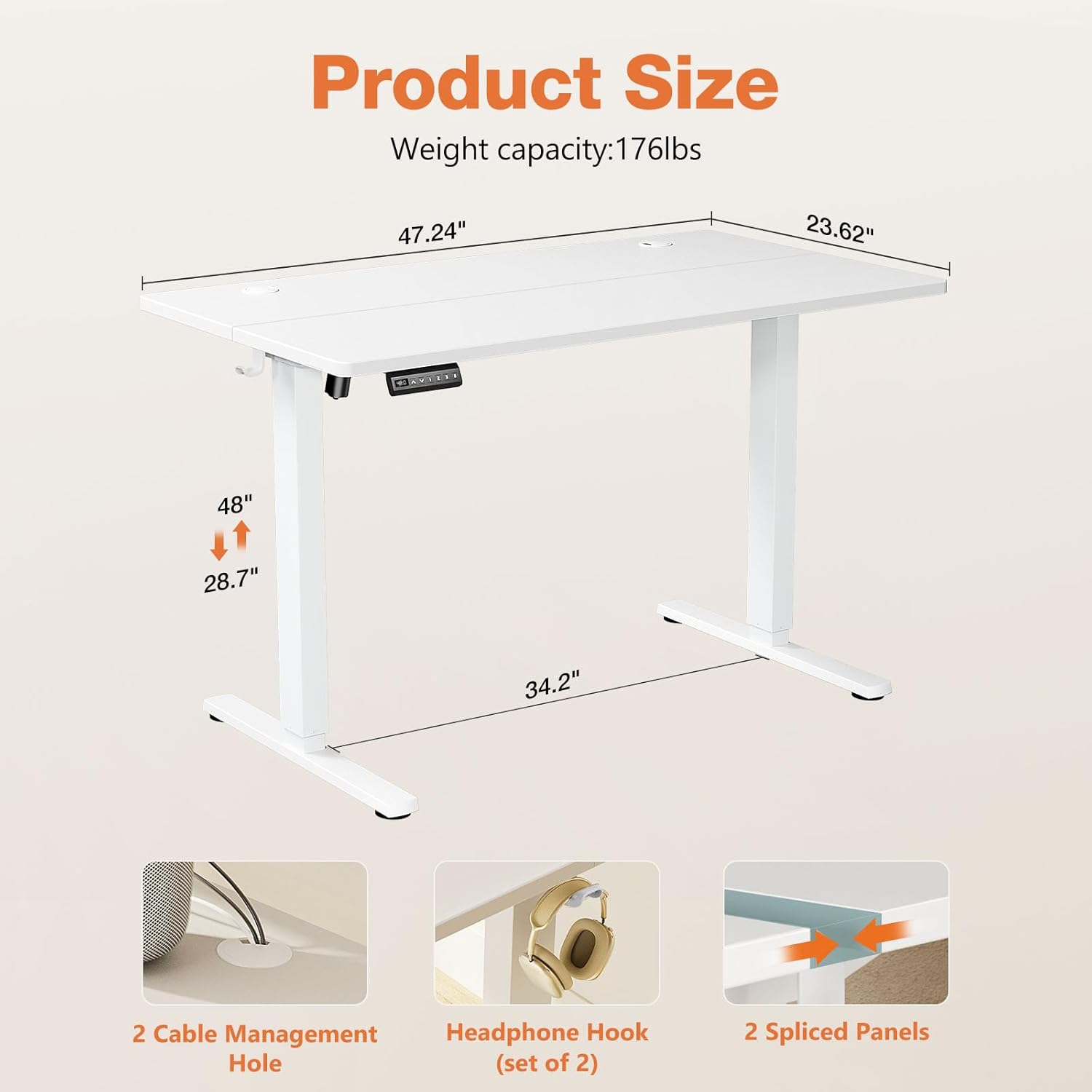 Sweetcrispy Electric Adjustable Height Standing Desk - 48 x 24 inch Sit to Stand Up Desk with Splice Board, Rising Home Office Computer Table with 2 Hook and Wire Hole for Work
