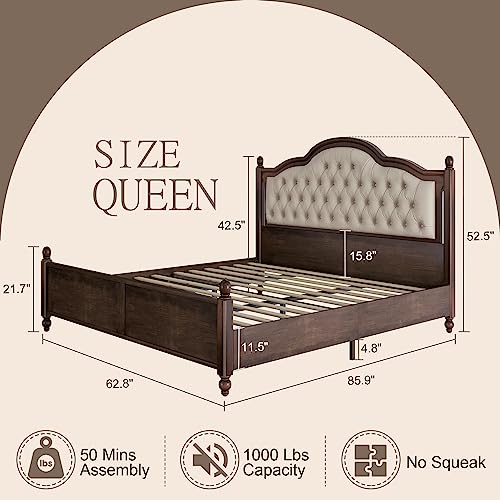 Solid Bed Frame Queen Size, Transitional Platform Bed with 52.5"" Upholstered Tufted Headboard, Rubberwood/Roman Column Accents/Wood Slat Support/No Box Spring Needed,bed frame, Walnut