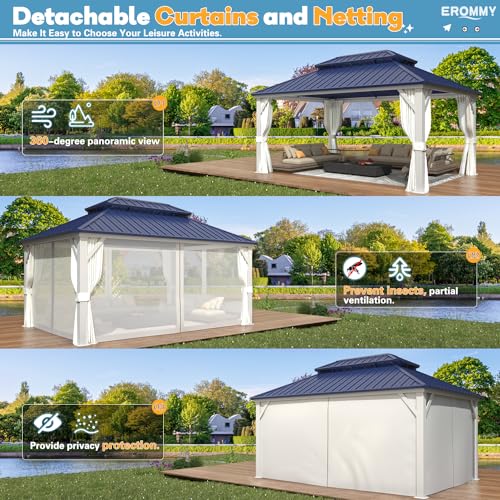 EROMMY 14'x20' Hardtop Gazebo Double Roof Galvanized Steel Canopy Outdoor Aluminum Frame Permanent Metal Pavilion with Netting and Curtains for Patio Backyard Deck and Lawns