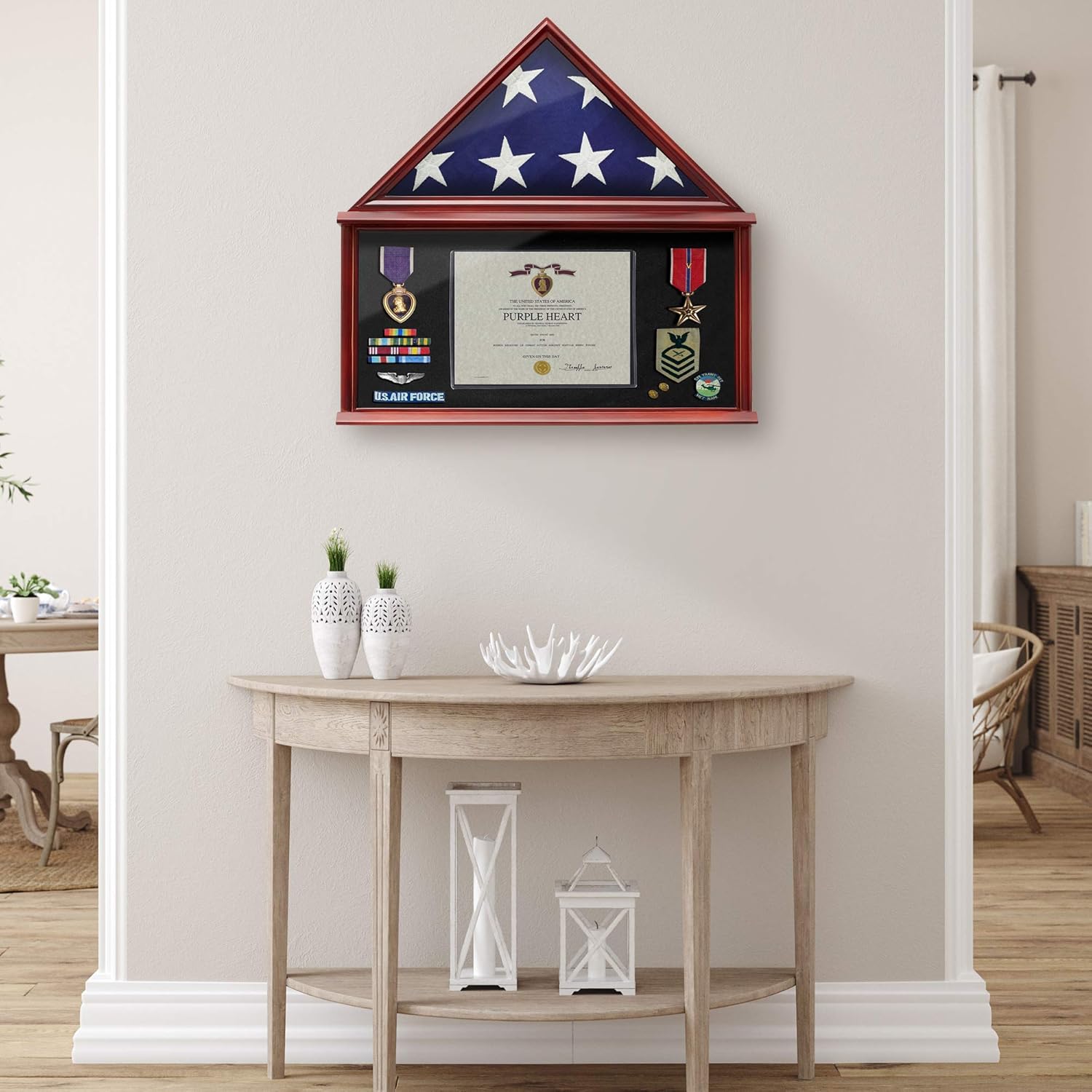 Reminded Large Military Shadow Box Memorial Flag Display Case fits 5' x 9' Flag, Solid Wood Mahogany Finish