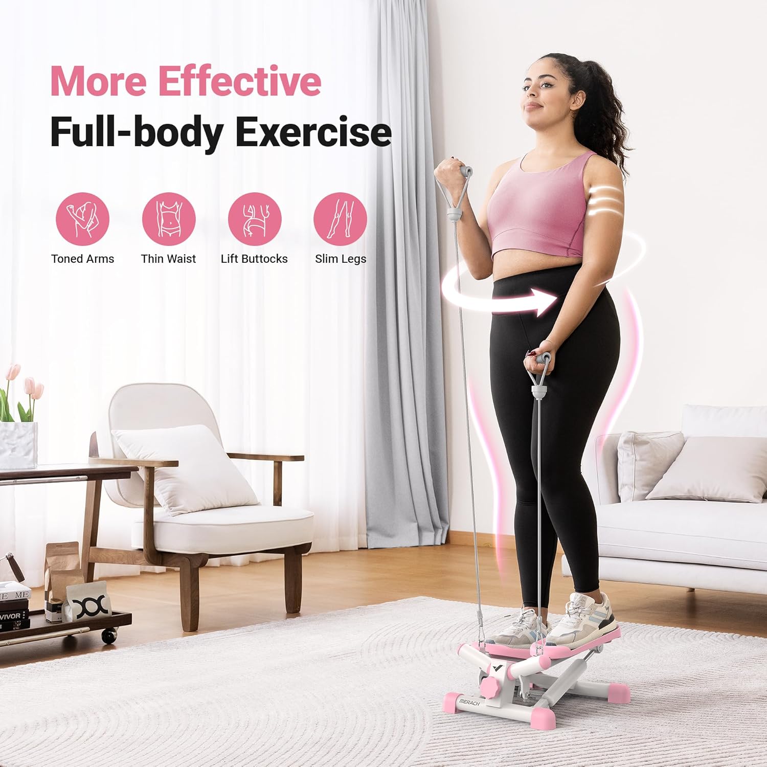 MERACH Mini Stepper for Exercise, Twist Stair Stepper 330LBS Capacity, Stepper Exercise Equipment with Resistance Bands for Full Body Workout, Magnetic Rowing Machine with Exclusive App