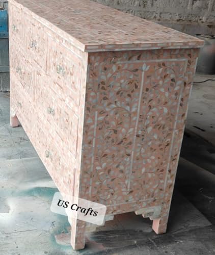 Inlay Floral Design Hand Painted Wooden Chest of Drawers for Bedroom, Living Room, Dining Room, Office, Home Decor, Pink (Gray)