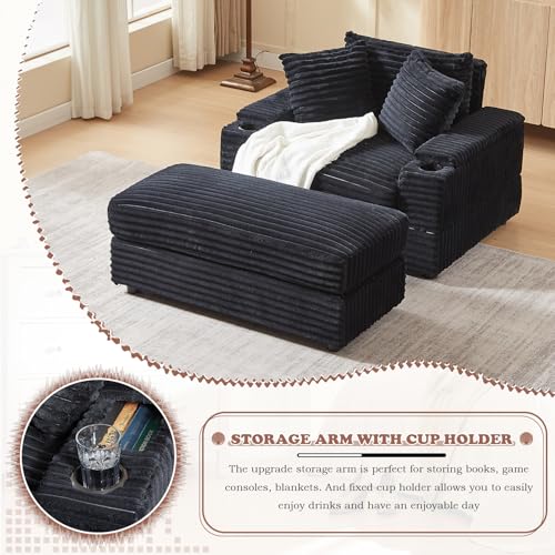 Modern Chaise Longue Indoor, 86.6" Oversized 3 Seater Lounge Sofa Chaise with Movable Ottoman/Storage Armrests/Cup Holders, Corduroy Deep Seat Sectional Cloud Sofa Couches for Living Room, Green