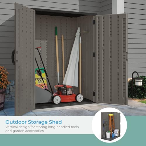 Suncast 54 Cubic Ft. Vertical Resin Outdoor Storage Shed with Lockable Double Doors, Weather-Resistant Multi-Wall Panels, Customizable Shelving, Stoney, Made in the USA