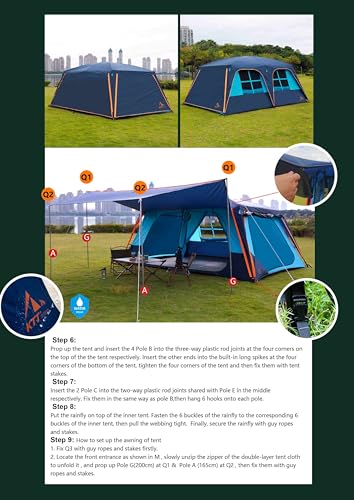 KTT Extra Large Tent 10-12-14 Person(Style-B),Family Cabin Tents,2 Rooms,3 Doors and 3 Windows with Mesh,Straight Wall,Waterproof,Double Layer,Big Tent for Outdoor,Picnic,Camping,Family Gathering