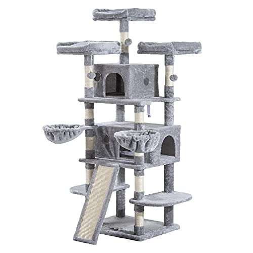 Allewie 68 Inches Cat Tree/House and Towers for Big Feline/Scratching Post/Multi-Level Large Kitty Climbing Tree with Condo/Smokey Grey