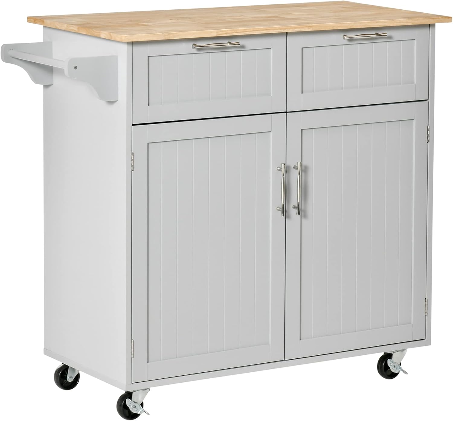 HOMCOM 41" Modern Rolling Kitchen Island, Kitchen Storage Utility Cart Trolley with Rubberwood Top, 2 Drawers, and Towel Rack, Grey