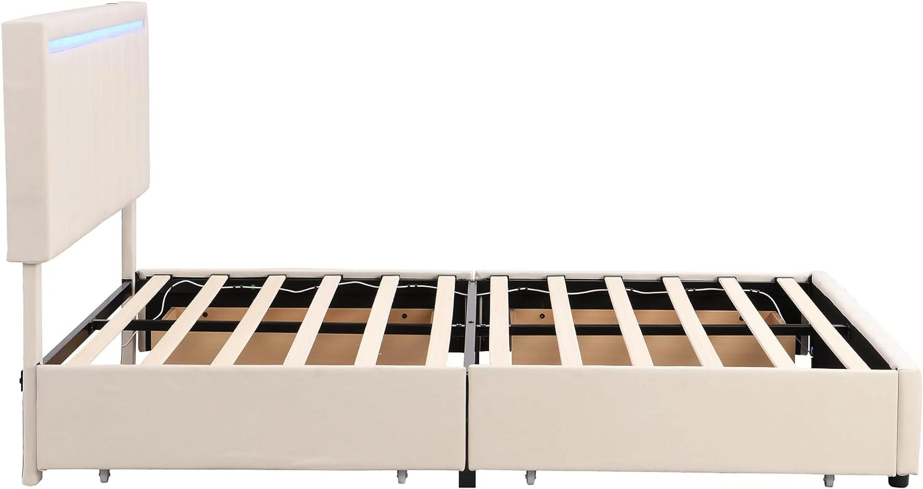 Queen LED Bed Frame With 4 Storage Drawers And USB Ports ,Modern Platform Bed Frame With LED Headboard And Footboard ,Linen Upholstered Storage Queen Bed,No Box Spring Needed,Beige