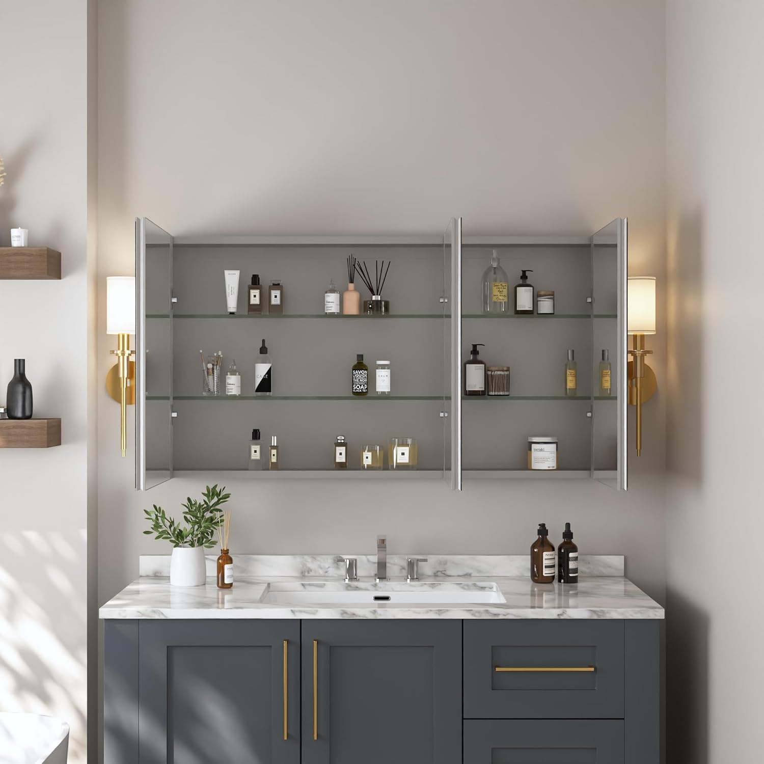 48 inch Medicine Cabinet with Mirror, DeerValley Aluminum 3 Door Mirrored Medicine Cabinet, Frameless Modern Wall Mount Mirrored Medicine Cabinets with 3 Doors and 2 Adjustable Shelves