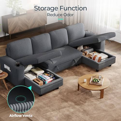 LINSY HOME Sectional Sleeper Sofa with Pull Out Couch Bed Convertible Plush Corduroy Cloud Couch with Storage Chaise & USB Charging, Comfy L Shaped Modular Couches for Living Room Apartment (Grey)