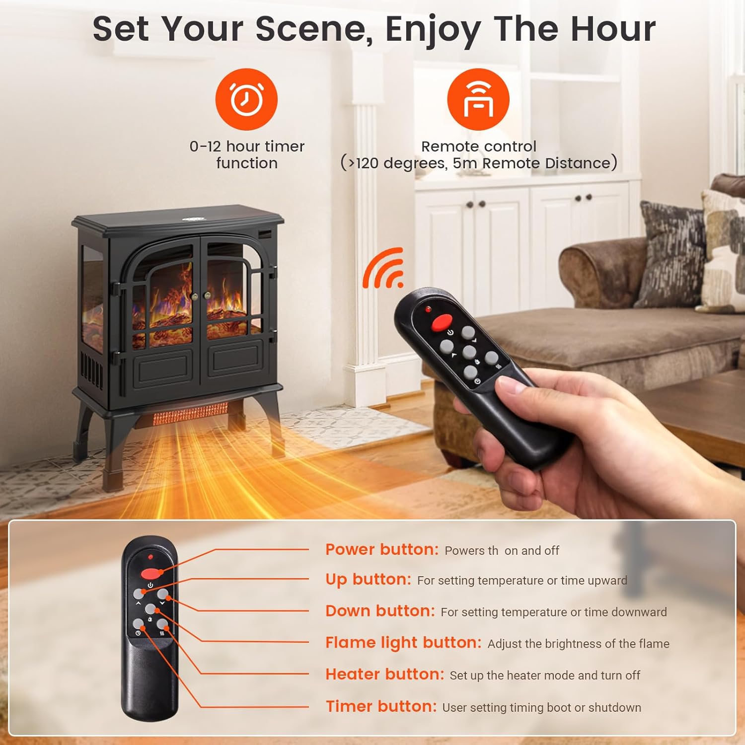 24'' Electric Fireplace Heater, Fire Places Stove with Remote Control, 3D Realistic Flame, Overheating Safety Protection, Timer, 5 Flame Brightness, 2 Heating Mode 750/1500W for Home
