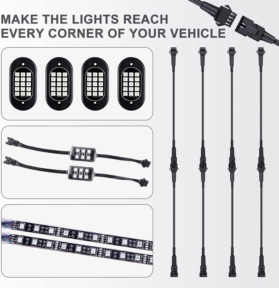 ROCBOC RGB LED Rock Lights, Underglow Lights for Trucks, Waterproof Car Neon Light Kit, with RF/APP Control Music Mode Timing Function for Jeep Off Road UTV ATV SUV (8 Pods)
