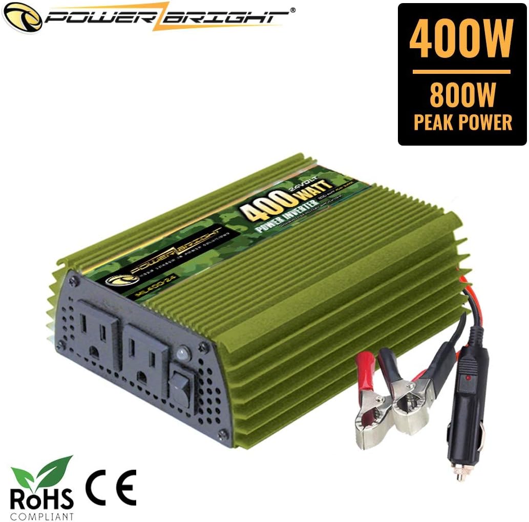 PowerBright 400 Watt 24V Power Inverter, Dual 110V AC Outlets, Modified Sine Wave, Back Up Power Supply for Small Appliances, Blenders, Vacuums & Power Tools w/ Battery Cables Included - CE Approved Pack of 2