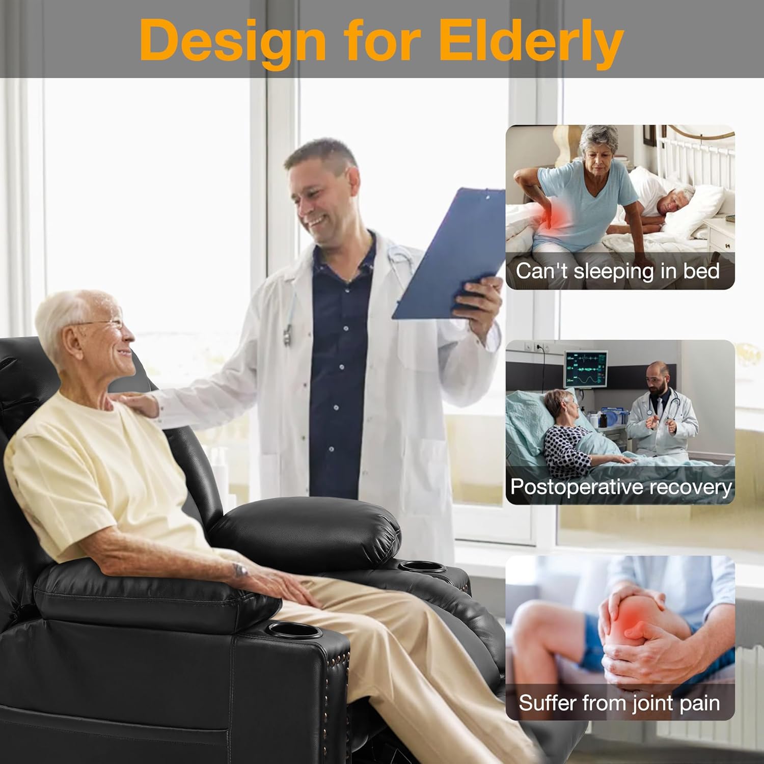 Triple Motor Large Power Lift Recliner Chair for Elderly with Heat and Massage, Lay Flat Lift Chairs for Seniors Infinite Position, Extended Footrest, USB Ports, Cup Holder, Black