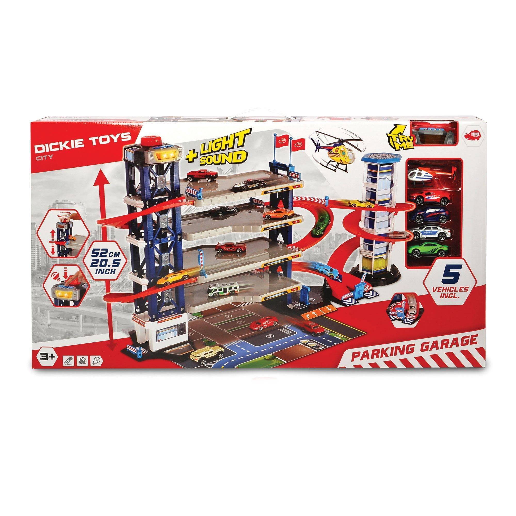 Dickie Toys Parking Garage Playset with 4 Die-Cast Cars and Helicopter